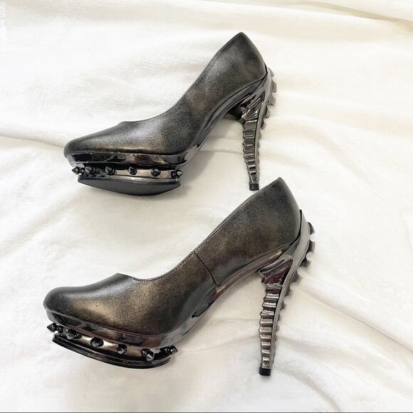 Hades Predator pewter chrome heels steampunk 9 spiked leather gray - Picture 6 of 9